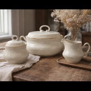 Hearthside Baroque Stoneware 3-Piece Covered Casserole Sugar Bowl Creamer Set